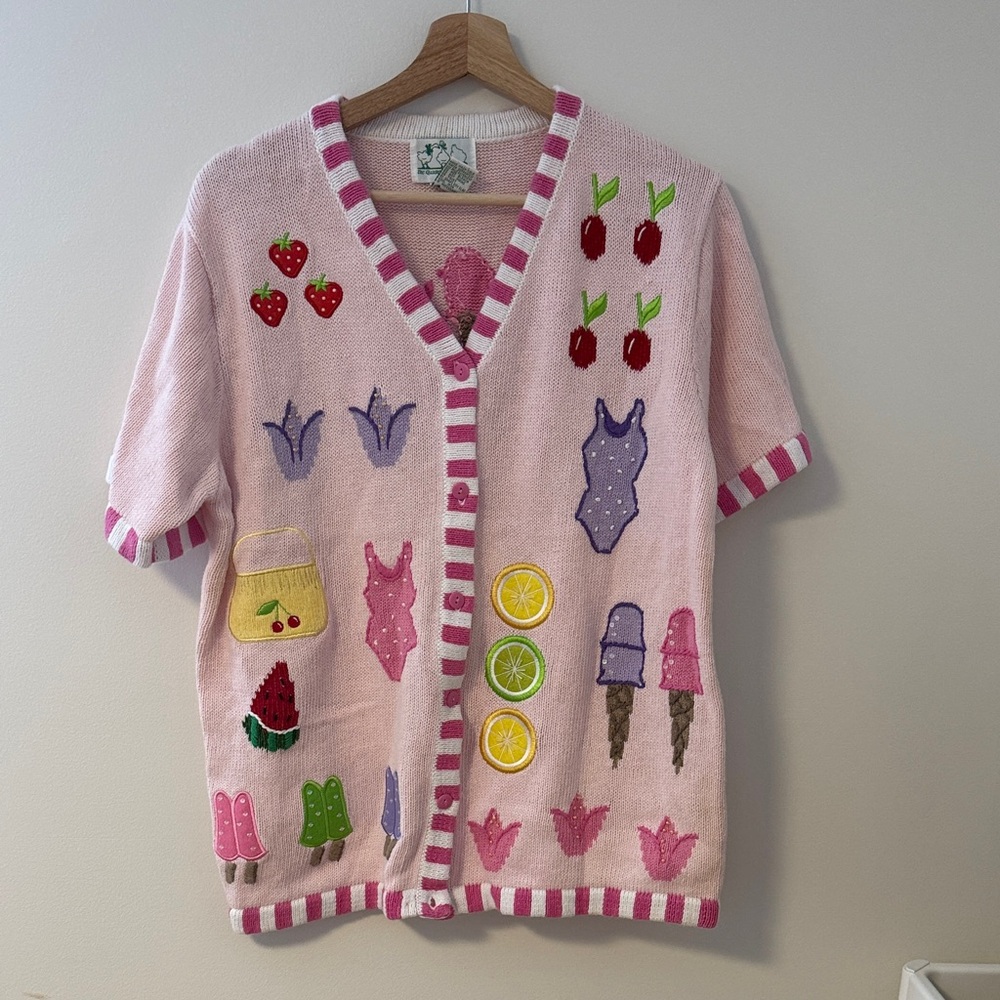 Pink Vintage Cotton Cardigan with Fun Fruit and Ice Cream Designs size medium